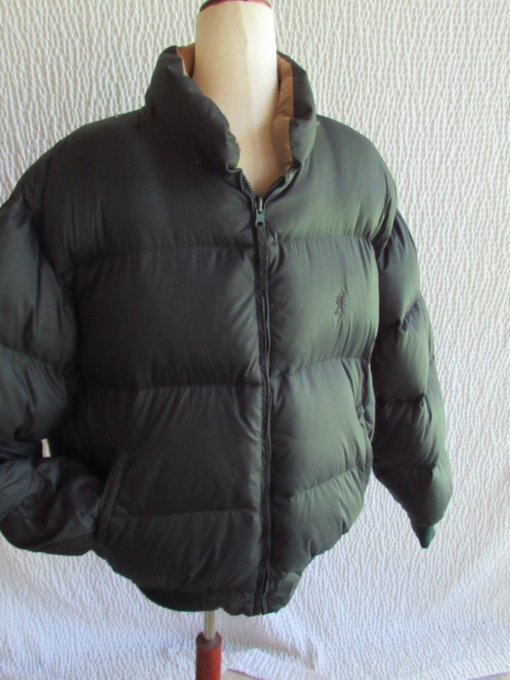 Goosedown Mens Puffer Jacket Large Reversible Green Khaki Browning Bomber Goose